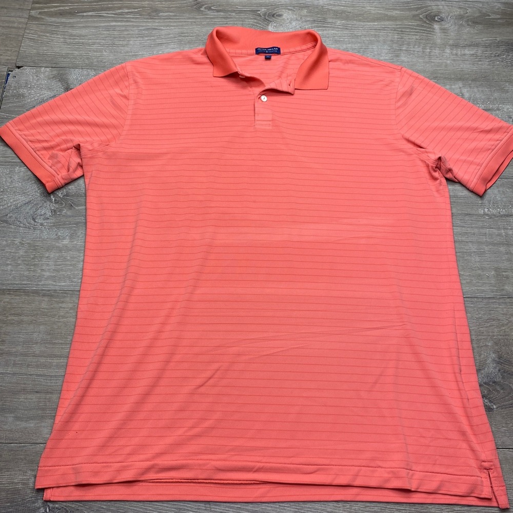 Peter Millar Mens XL Coral Orange Striped Summer Comfort Polo Shirt Polyester